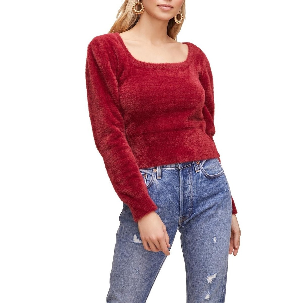 ASTR The Label Women's Fuzzy Square Neck Long Sleeve Cropped Pullover Sweater M